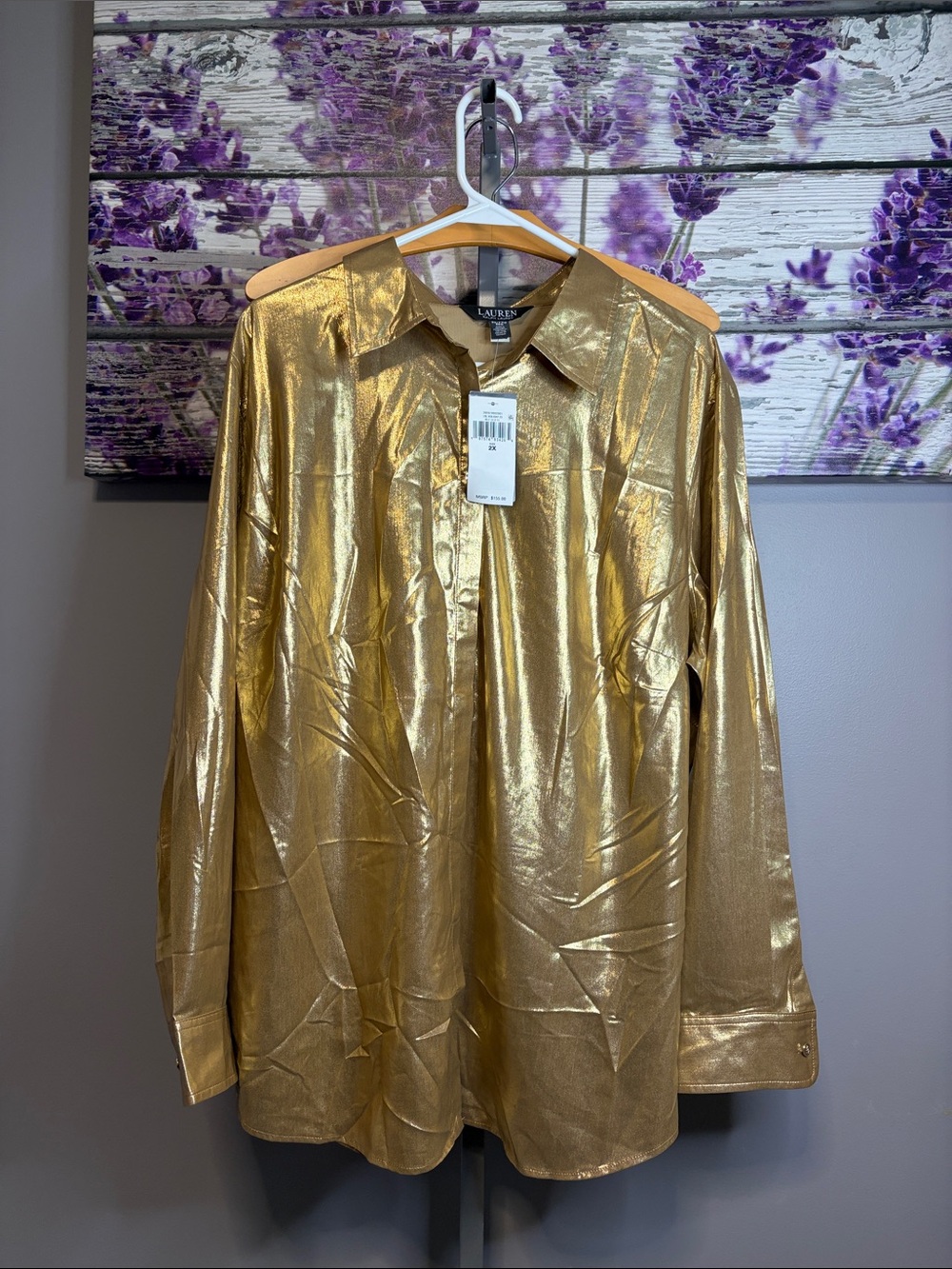 Lauren Ralph Lauren Shiny Metallic Gold Button-Down Shirt NWT Size 2X
